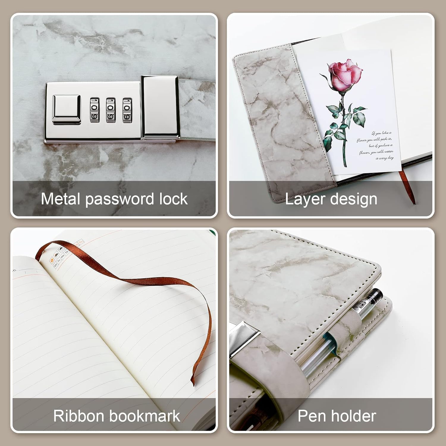 Diary with combination lock, waterproof leather, marble pattern, gray, 1 pack V1189-HB001HWI000009