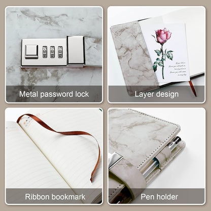 Diary with combination lock, waterproof leather, marble pattern, gray, 1 pack V1189-HB001HWI000009
