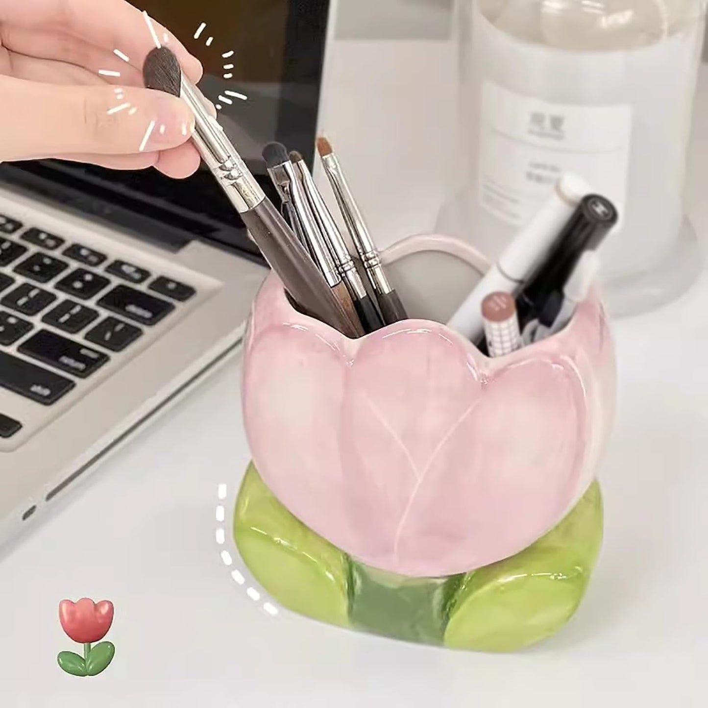 Storage Box - Cute Desk Ornaments - Ceramic Storage Bucket - Pink Tulip - 1 Pack V1189-HB001HWI000031