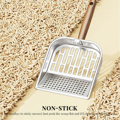 Cat Litter Scoop - Stainless Steel - Double Hole Design - Long Wooden Handle - Hanging Storage - 1 Pack V1189-HB001HWR000100