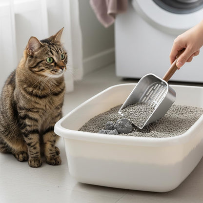 Cat Litter Scoop - Stainless Steel - Double Hole Design - Long Wooden Handle - Hanging Storage - 1 Pack V1189-HB001HWR000100