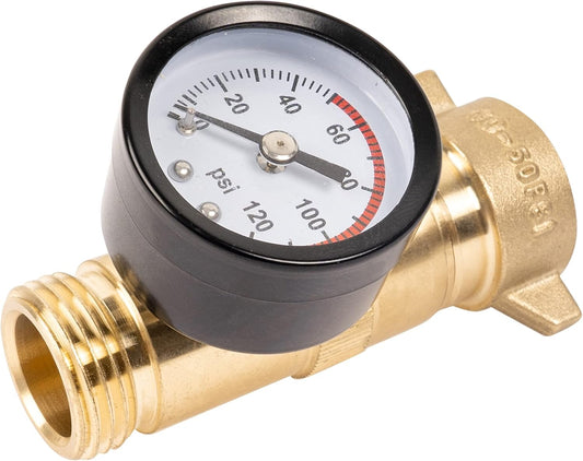 Brass RV Water Pressure Regulator, Hi-Flow Water Regulator with Filter Screen and Gauge for RVs, Caravans, V1189-HB001WSRF00004