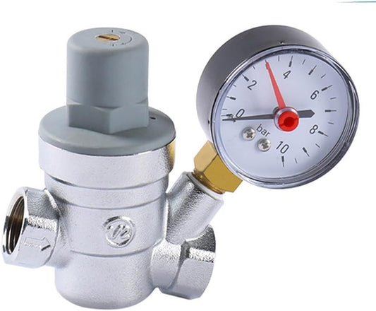 Adjustable pressure reducing valve with integrated pressure gauge for hot and cold water, brass pipe valve V1189-HB001WSRF00005