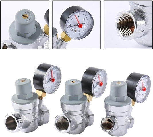 Adjustable pressure reducing valve with integrated pressure gauge for hot and cold water, brass pipe valve V1189-HB001WSRF00005
