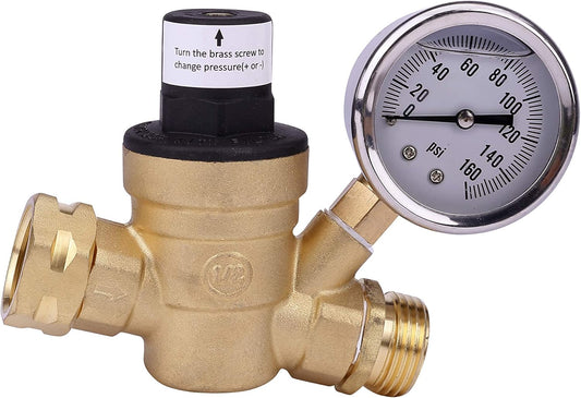 RV Water Pressure Regulator with Gauge Adjustable 3/4" Hose Valve - RV Water Pressure Regulator with Gauge - V1189-HB001WSRF00006