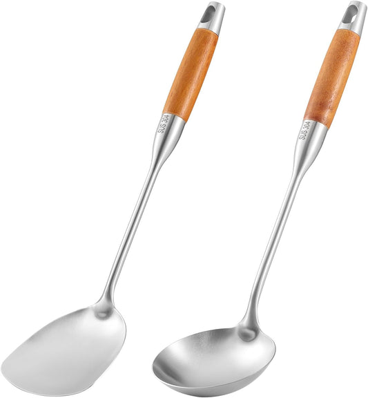 TsunNee 2PCS Stainless Steel Kitchen Utensil Set, 304 Stainless Steel Wok Spatula and Soup Ladle Set with V1189-HB001WSRG00001