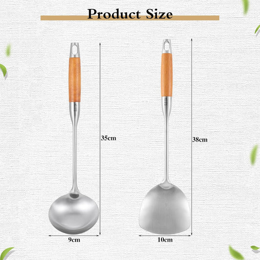 TsunNee 2PCS Stainless Steel Kitchen Utensil Set, 304 Stainless Steel Wok Spatula and Soup Ladle Set with V1189-HB001WSRG00001
