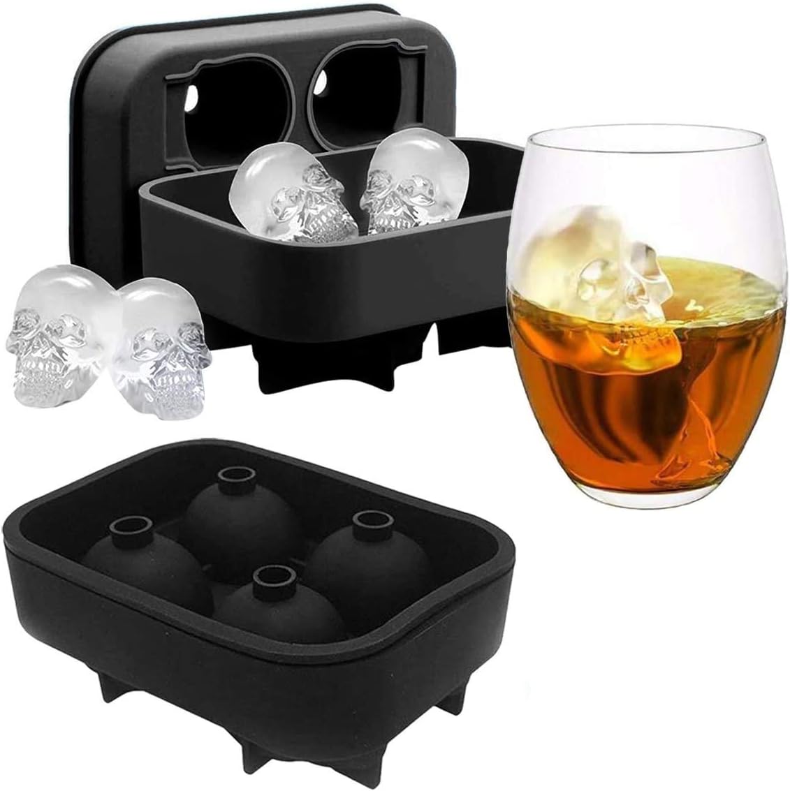 KIRALOVE 4 skulls - ice cubes - silicone ice cube maker - for home - kitchen - bar accessories - drinks - V1189-HB001WSRG00018