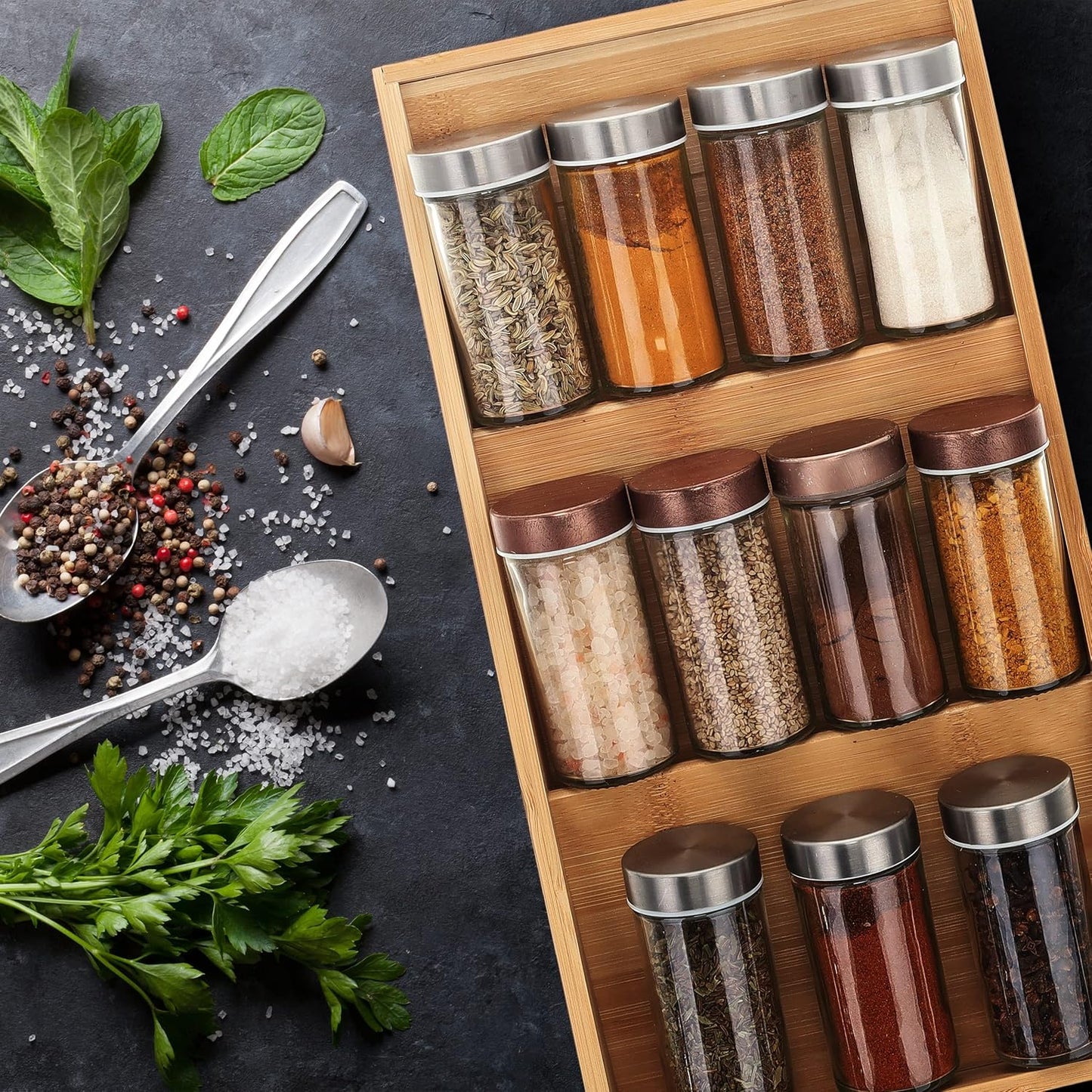 Relaxdays horizontal spice rack, 3 shelves, HBD: 5 x 20 x 38 cm, spice organizer for kitchen drawer, spice V1189-HB001WSRG00023