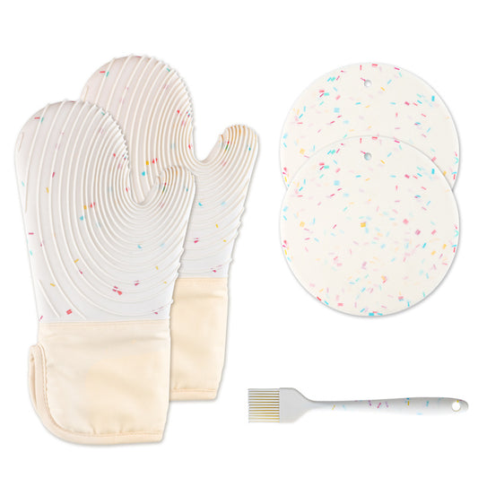 Quilted Cotton Terry Oven Mitts, Pot Holders, Kitchen Brushes, Set of 5, Heat Resistant, Silicone Handles, V1189-HB001WSRG00034