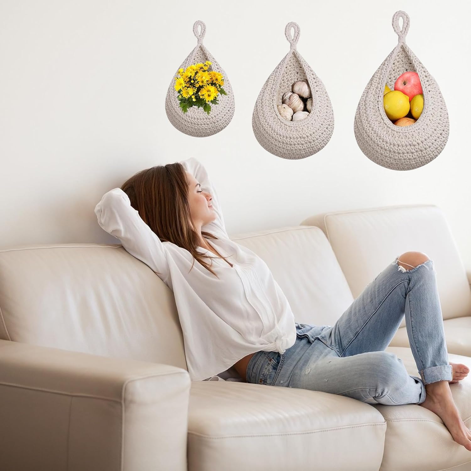 Hanging Storage Baskets - Set of 3 - For Kitchen and Bathroom - With Jute Design V1189-HB001WSRG00043