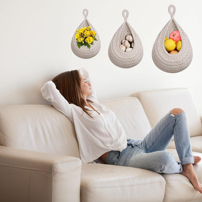 Hanging Storage Baskets - Set of 3 - For Kitchen and Bathroom - With Jute Design V1189-HB001WSRG00043