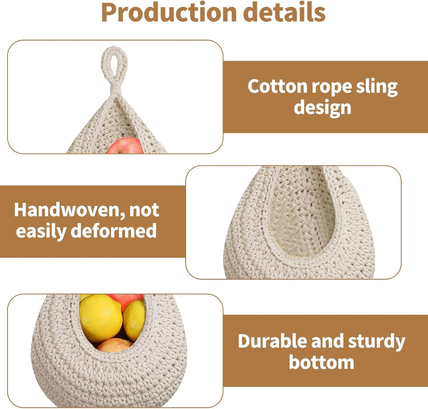 Hanging Storage Baskets - Set of 3 - For Kitchen and Bathroom - With Jute Design V1189-HB001WSRG00043