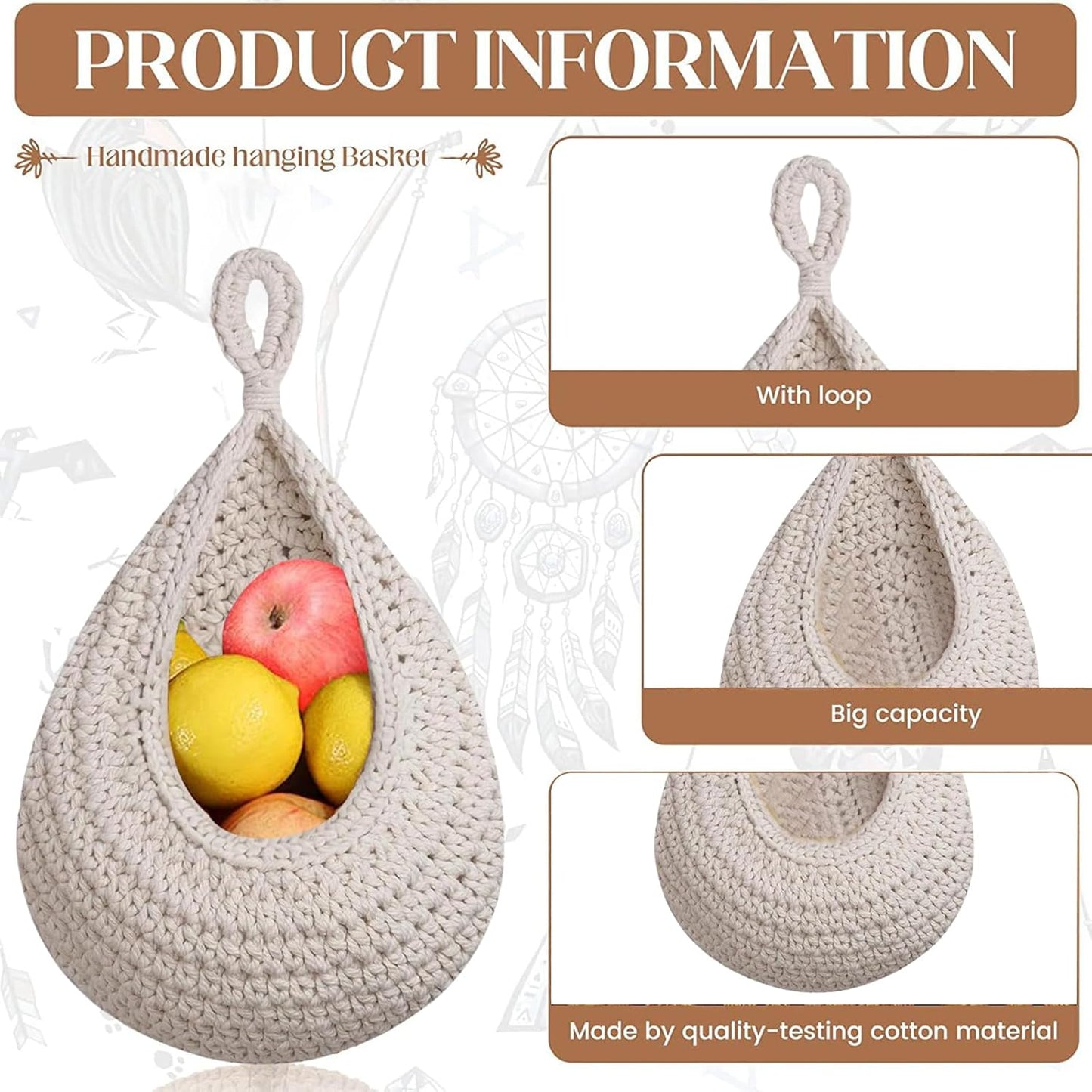 Hanging Storage Baskets - Set of 3 - For Kitchen and Bathroom - With Jute Design V1189-HB001WSRG00043