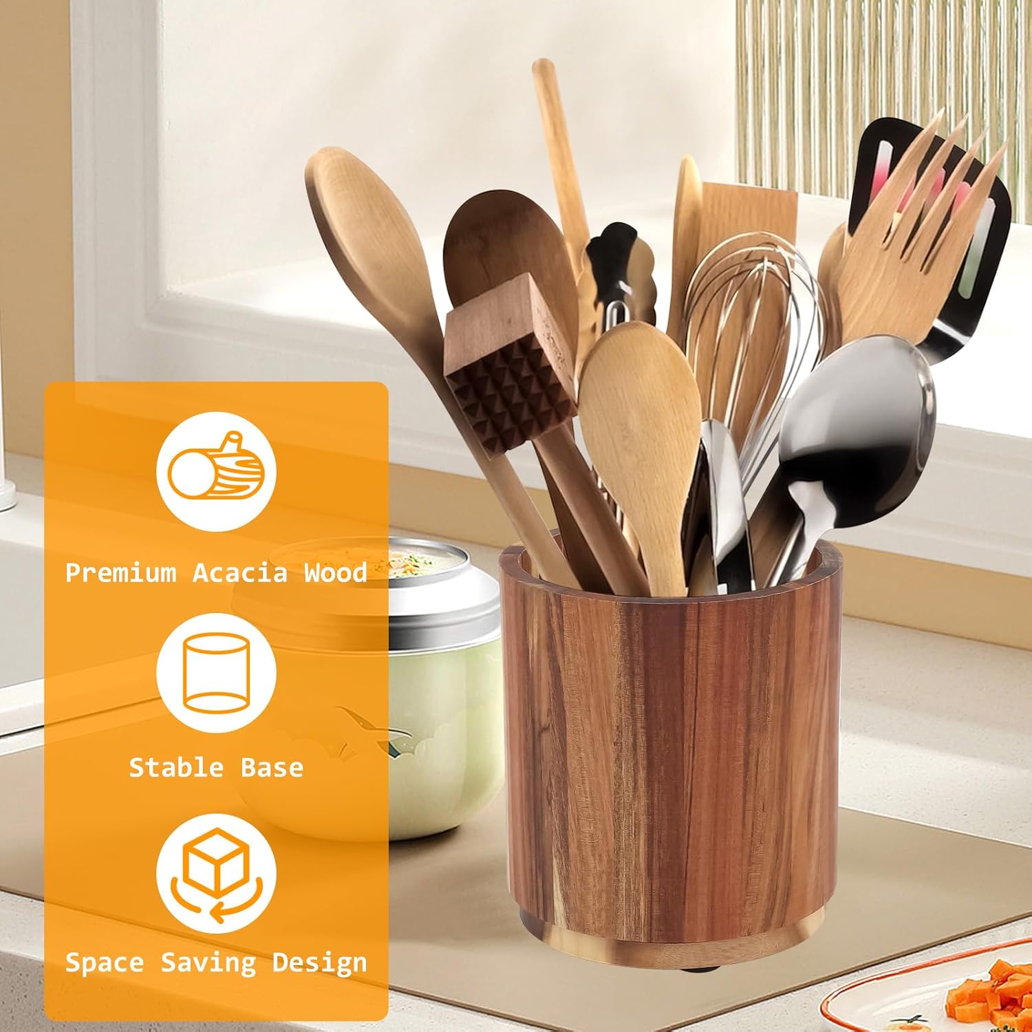 Kitchen Utensil Holder - Acacia Wood with 360 Degree Rotatable - Suitable for 15-20 Pieces - With Non-Slip V1189-HB001WSRG00050