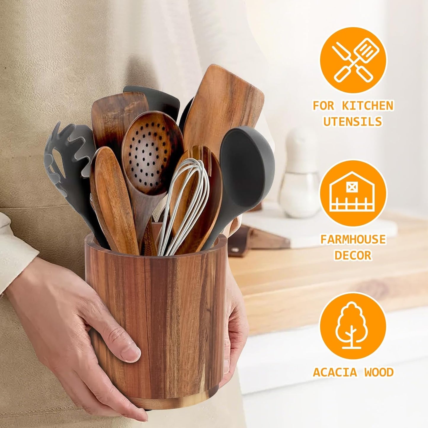 Kitchen Utensil Holder - Acacia Wood with 360 Degree Rotatable - Suitable for 15-20 Pieces - With Non-Slip V1189-HB001WSRG00050