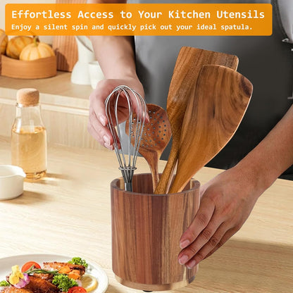 Kitchen Utensil Holder - Acacia Wood with 360 Degree Rotatable - Suitable for 15-20 Pieces - With Non-Slip V1189-HB001WSRG00050