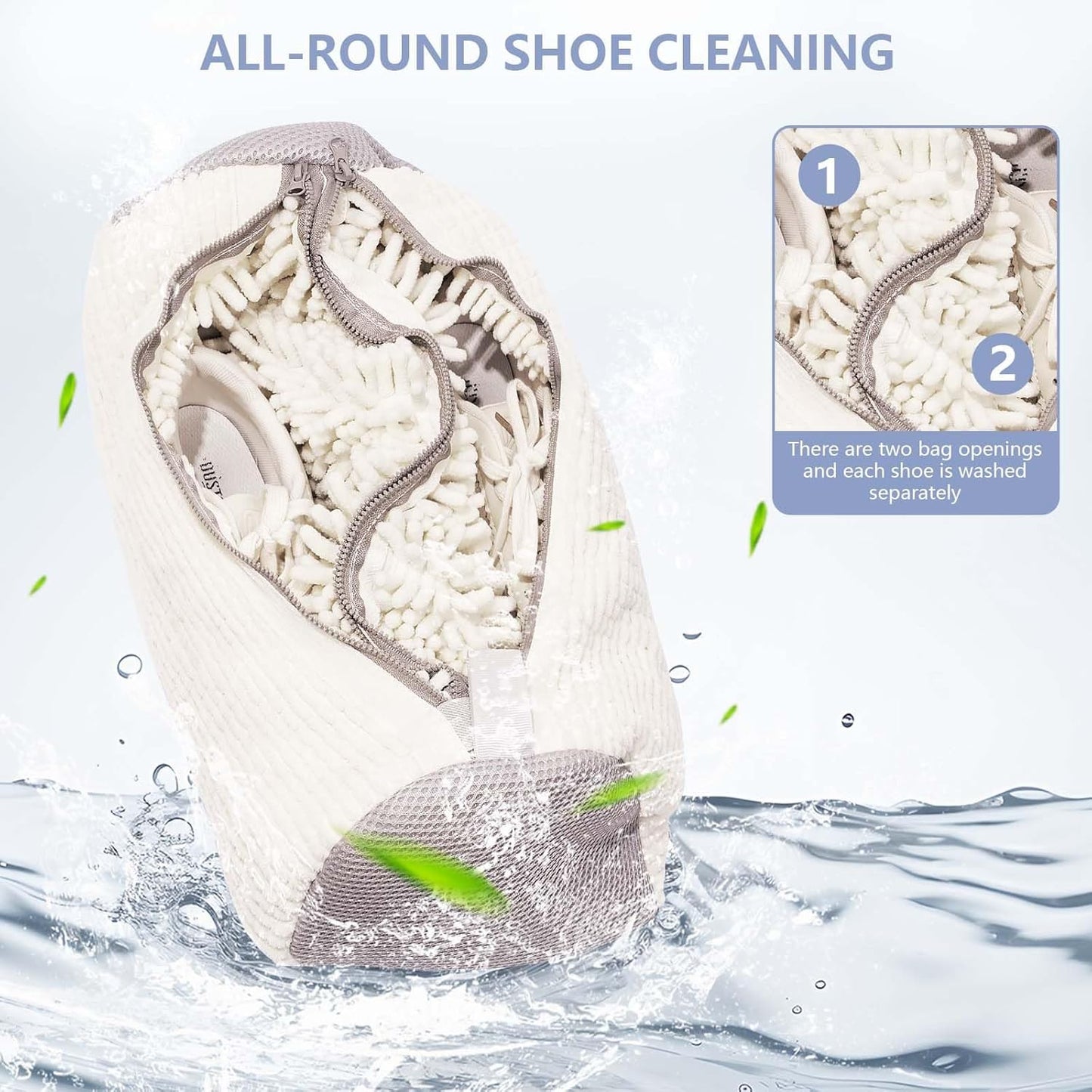 Shoe Wash Bag - Double Pocket with Concealed Zipper - For Machine Washing - 360 Degree Cleaning - White Color V1189-HB001WSRH00003
