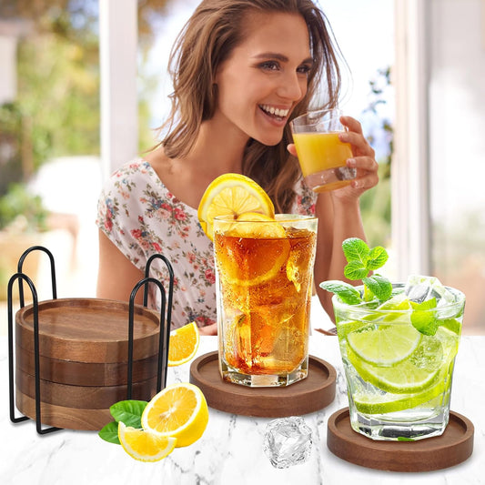 6 Pieces Best Wooden Coasters with Holder, Coffee Table Decor, Acacia Wood Coaster Set, Modern Drink Coaster, V1189-HB001WSRT00016