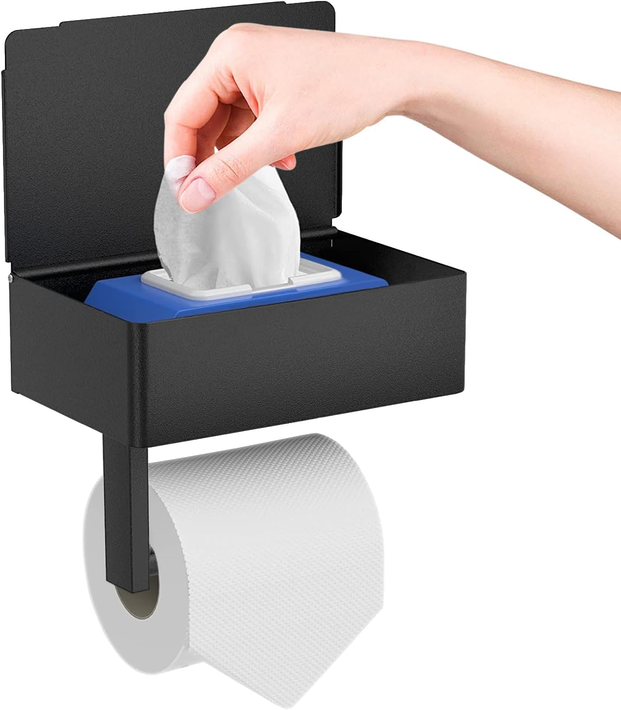 Toilet Roll Holder - Black Stainless Steel - With Wet Wipe Holder - Self-Adhesive Mounting - For Bathroom and V1189-HB001WSRT00030