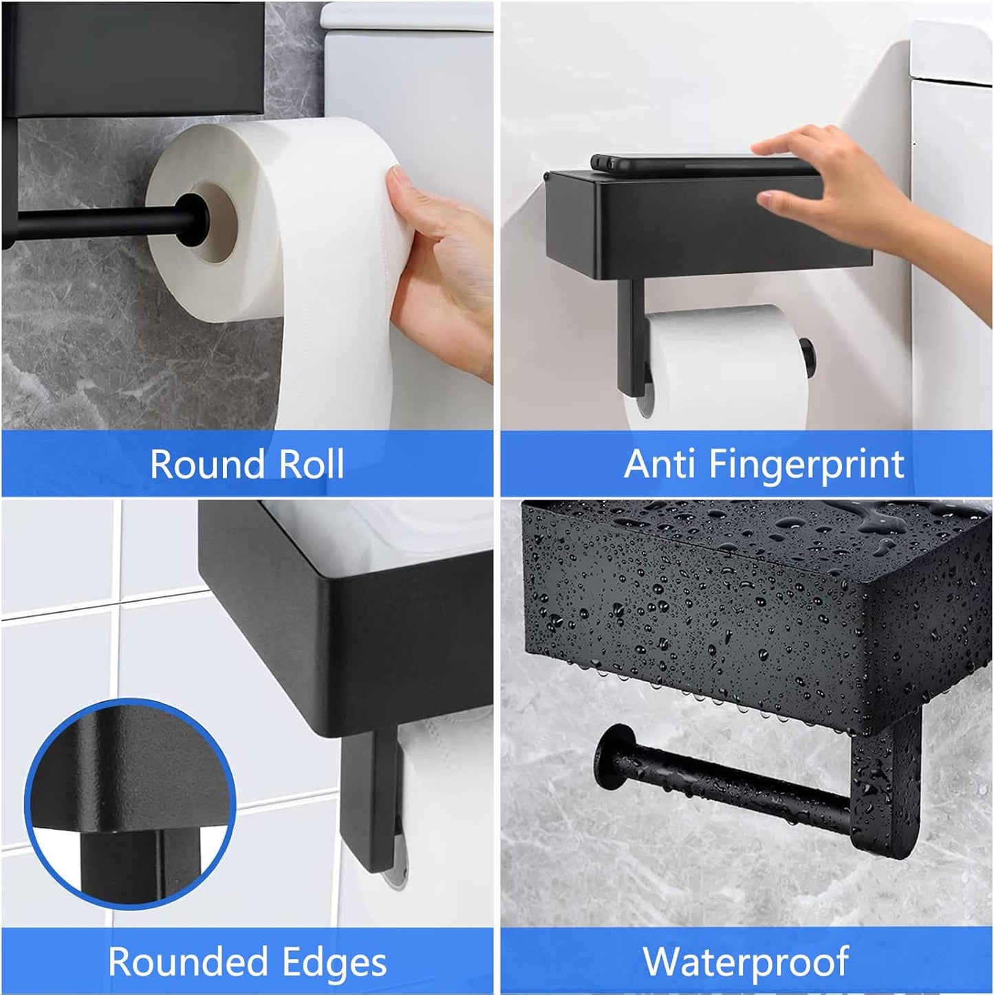 Toilet Roll Holder - Black Stainless Steel - With Wet Wipe Holder - Self-Adhesive Mounting - For Bathroom and V1189-HB001WSRT00030