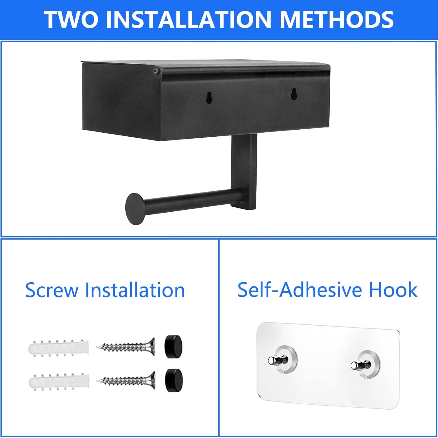 Toilet Roll Holder - Black Stainless Steel - With Wet Wipe Holder - Self-Adhesive Mounting - For Bathroom and V1189-HB001WSRT00030