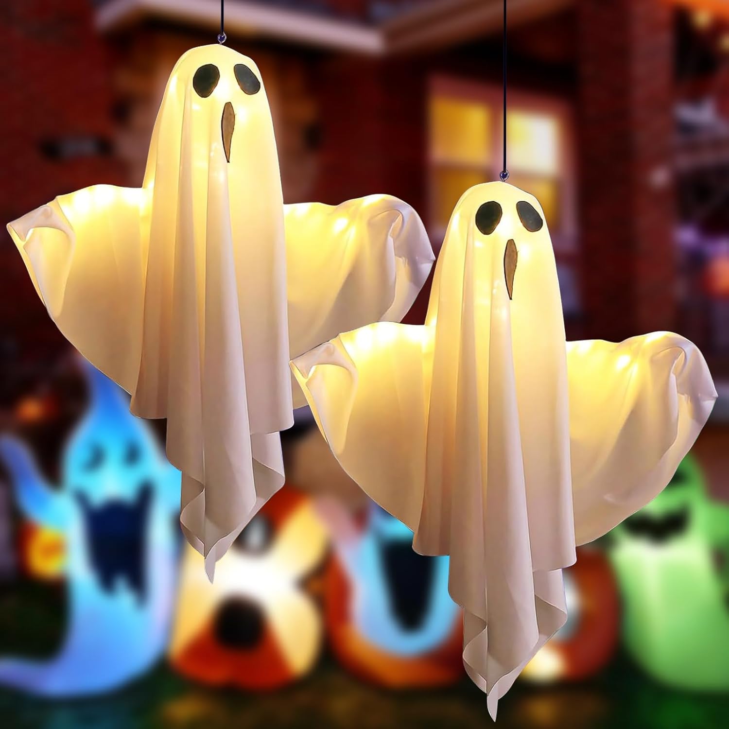 Halloween Decoration - 2 Pieces Hanging Ghosts - With LED Lighting - For Outdoors and Gardens - Spooky Party V1189-HB001WSRU00001