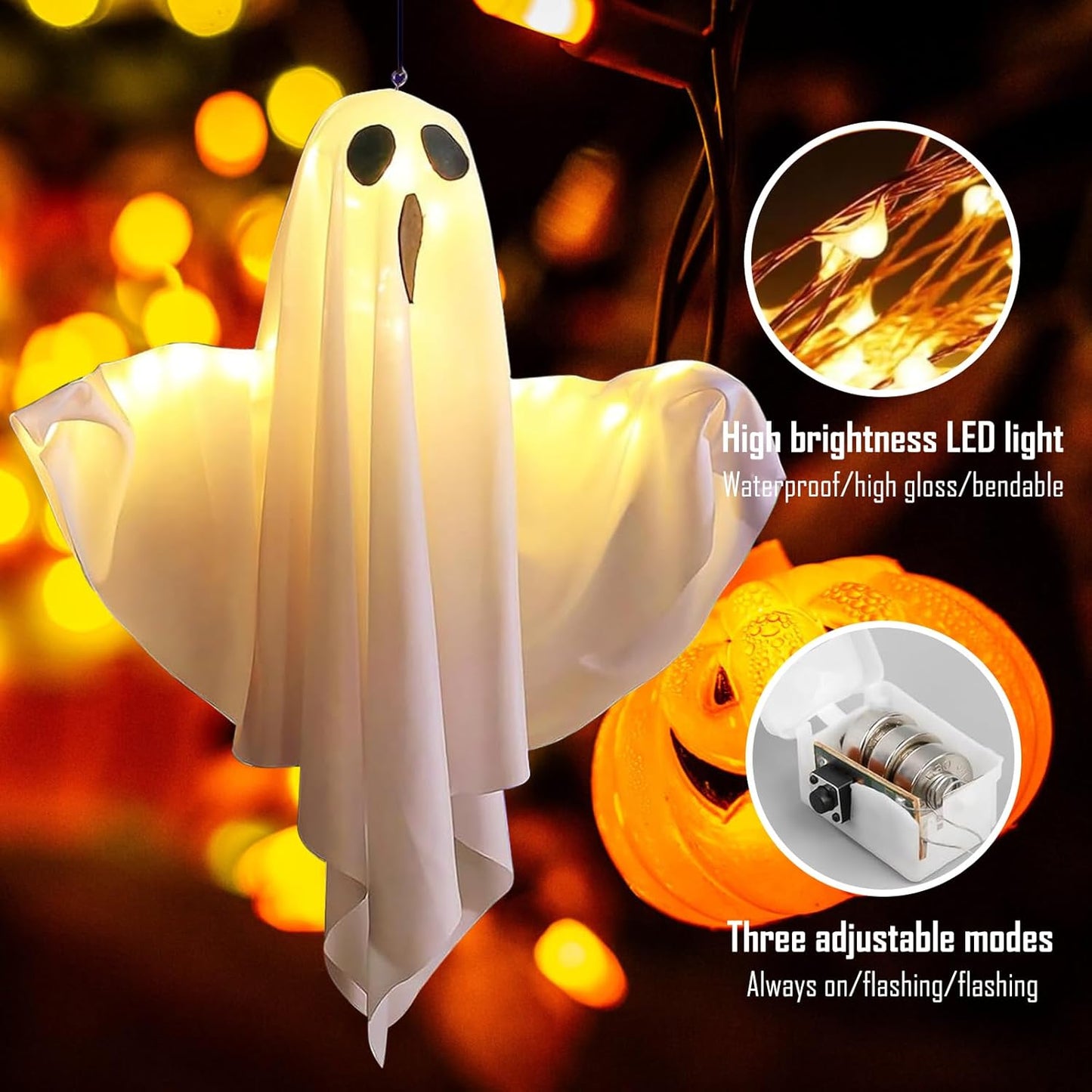 Halloween Decoration - 2 Pieces Hanging Ghosts - With LED Lighting - For Outdoors and Gardens - Spooky Party V1189-HB001WSRU00001