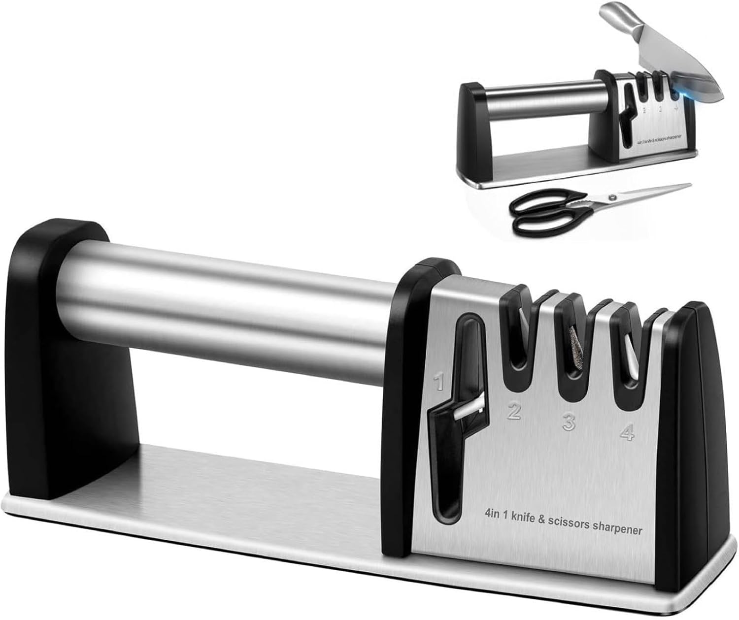 4-in-1 Knife Sharpener - With Scissor Sharpener - 3-Step Pull-Through Sharpener for Kitchen Knives - V1189-HB003WSRG00020
