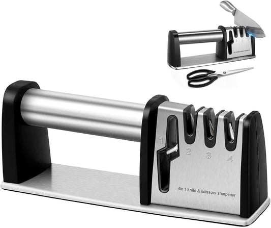 4-in-1 Knife Sharpener - With Scissor Sharpener - 3-Step Pull-Through Sharpener for Kitchen Knives - V1189-HB003WSRG00020