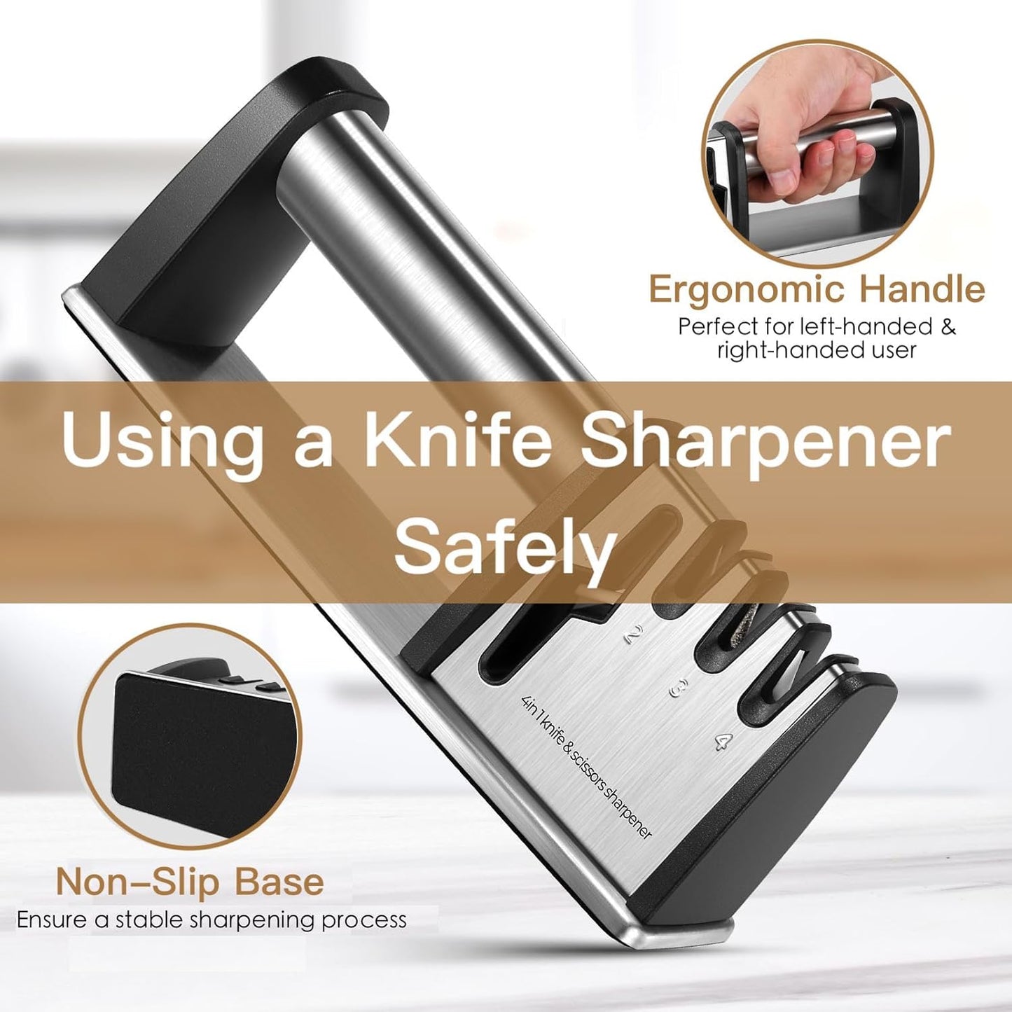 4-in-1 Knife Sharpener - With Scissor Sharpener - 3-Step Pull-Through Sharpener for Kitchen Knives - V1189-HB003WSRG00020