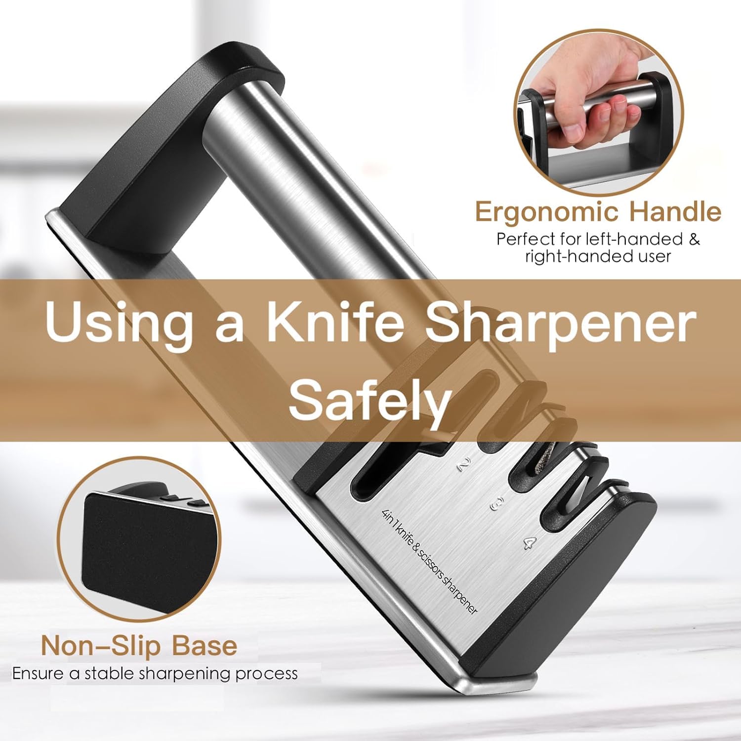 4-in-1 Knife Sharpener - With Scissor Sharpener - 3-Step Pull-Through Sharpener for Kitchen Knives - V1189-HB003WSRG00020