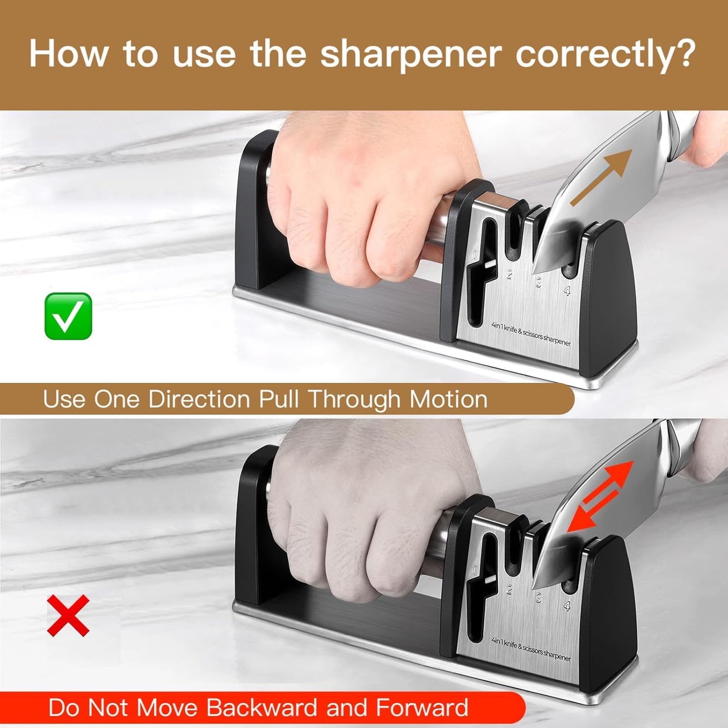 4-in-1 Knife Sharpener - With Scissor Sharpener - 3-Step Pull-Through Sharpener for Kitchen Knives - V1189-HB003WSRG00020
