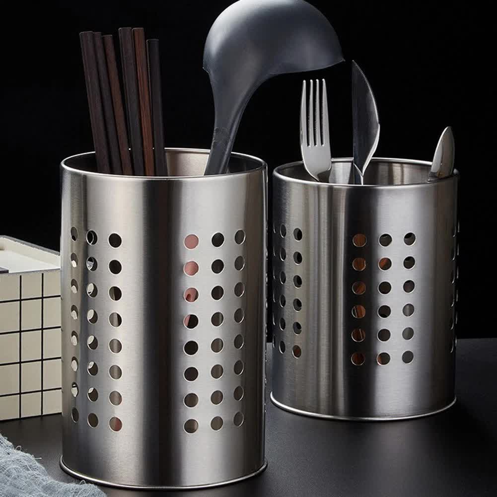 Large stainless steel cutlery holder - cutlery container cylinder - 12 x 15 cm - kitchen organizer - silver V1189-HB003WSRG00029