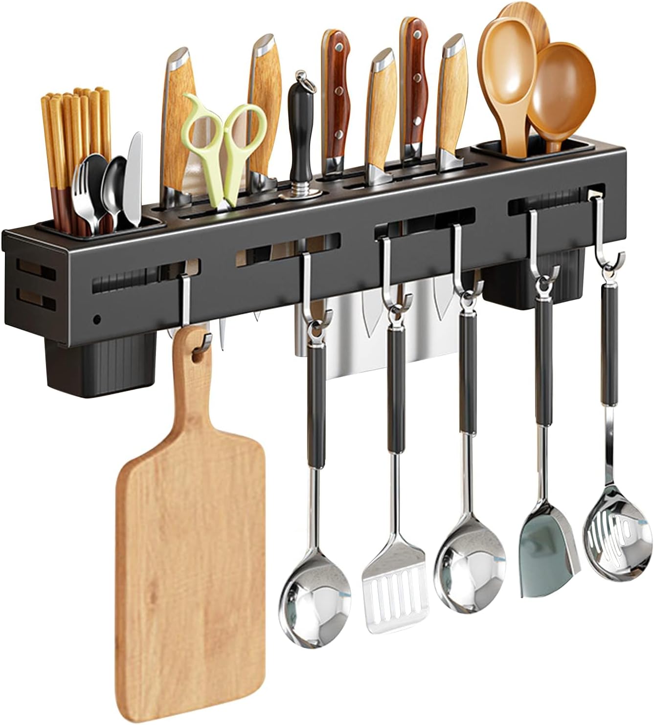 Stainless Steel Kitchen Rack No Drilling - Kitchen Rail with 6 Hooks - Self-Adhesive Hanging System - Kitchen V1189-HB003WSRG00031