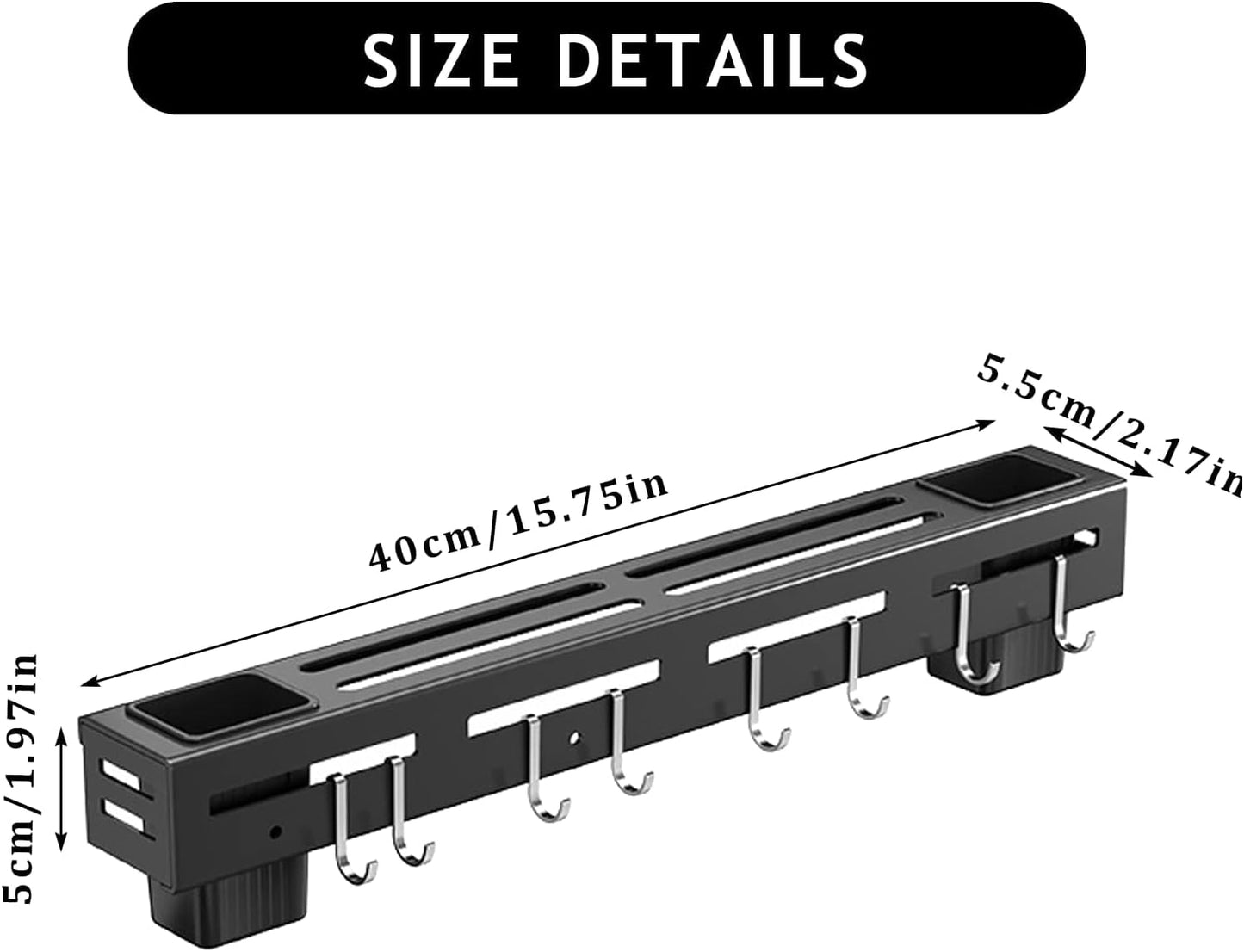 Stainless Steel Kitchen Rack No Drilling - Kitchen Rail with 6 Hooks - Self-Adhesive Hanging System - Kitchen V1189-HB003WSRG00031