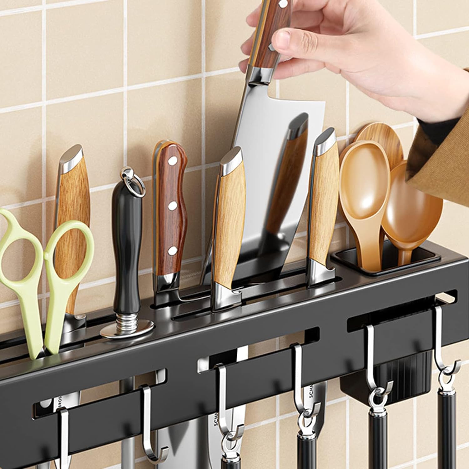 Stainless Steel Kitchen Rack No Drilling - Kitchen Rail with 6 Hooks - Self-Adhesive Hanging System - Kitchen V1189-HB003WSRG00031