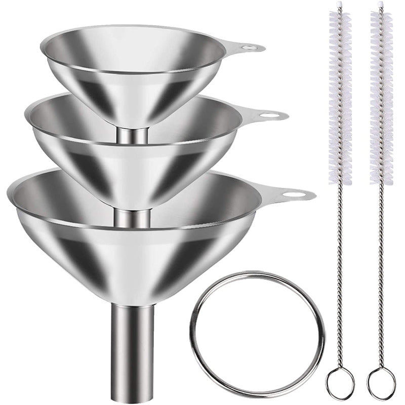 Stainless Steel Funnel Set of 3 - Includes 2 Cleaning Brushes - Kitchen Funnels with Handle - For Liquids, V1189-HB003WSRG00050