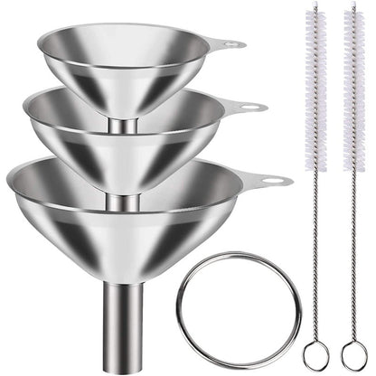 Stainless Steel Funnel Set of 3 - Includes 2 Cleaning Brushes - Kitchen Funnels with Handle - For Liquids, V1189-HB003WSRG00050