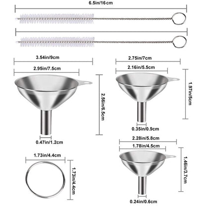 Stainless Steel Funnel Set of 3 - Includes 2 Cleaning Brushes - Kitchen Funnels with Handle - For Liquids, V1189-HB003WSRG00050