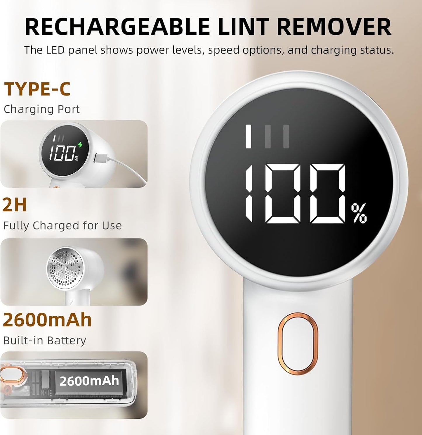 Electric Lint Remover - Rechargeable Lint Shaver - With LED Display - 3 Speeds - Sweater Depiller - White V1189-HB003WSRH00006