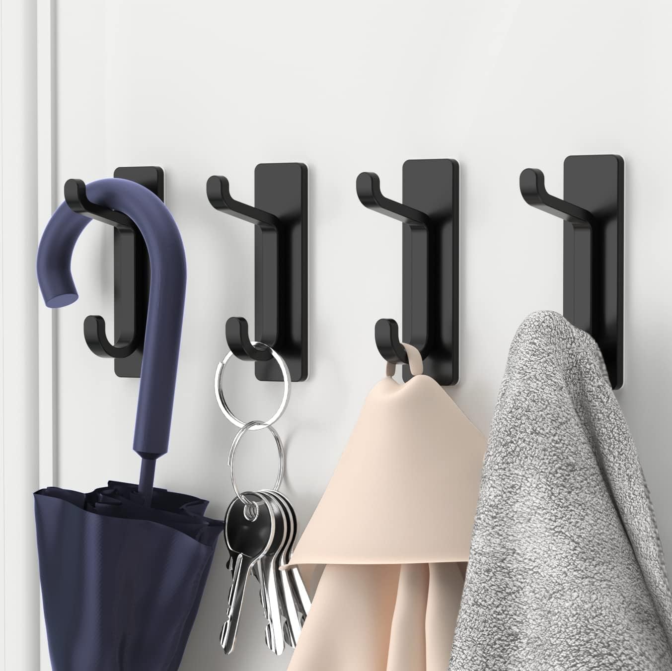 Black Towel Hooks - Set of 6 - Self-Adhesive Wall Hooks - No Drilling Required - For Bathroom & Kitchen V1189-HB003WSRH00012