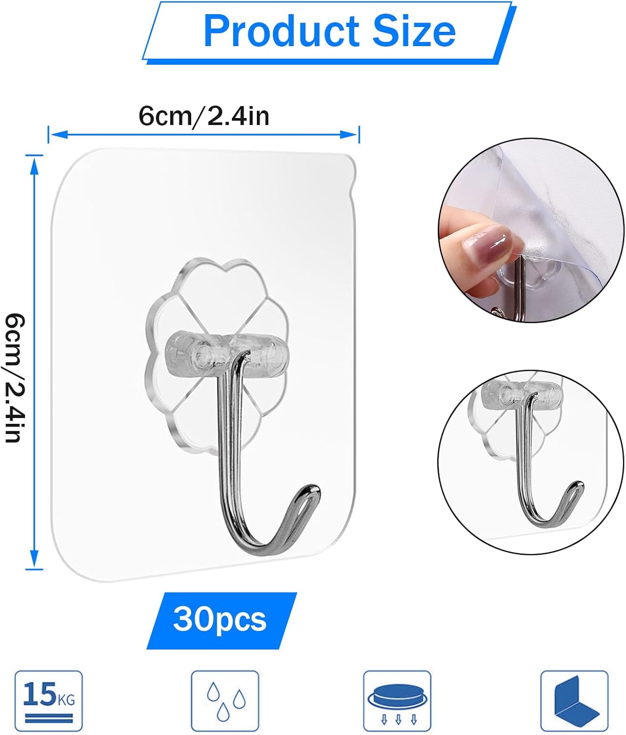 Self-Adhesive Hooks Transparent - Set of 30 - Wall Hooks No Drilling - For Bathroom & Kitchen V1189-HB003WSRH00017