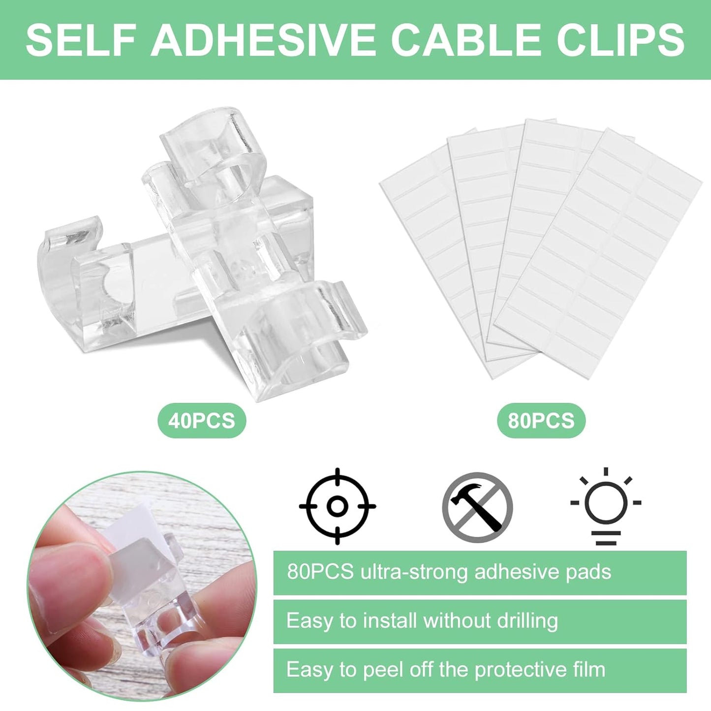 Transparent Cable Clips - Set of 40 - Self-Adhesive Cable Holders - For Cables up to 7 mm - Cable Management V1189-HB003WSRH00022
