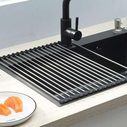 Roll-up Dish Draining Rack Black - 43 x 35 cm - Sink Roll Mat - Draining Grid for Dishes & Vegetables V1189-HB003WSRH00033