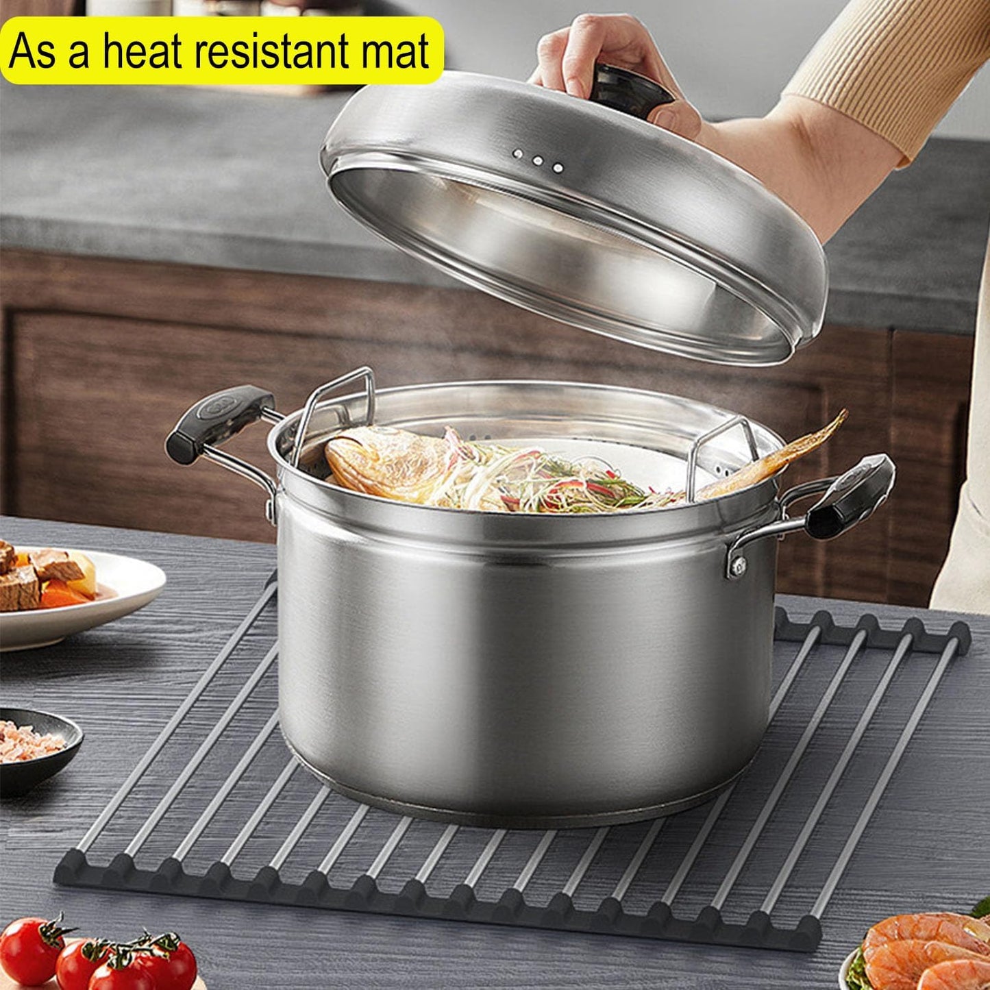 Roll-up Dish Draining Rack Black - 43 x 35 cm - Sink Roll Mat - Draining Grid for Dishes & Vegetables V1189-HB003WSRH00033