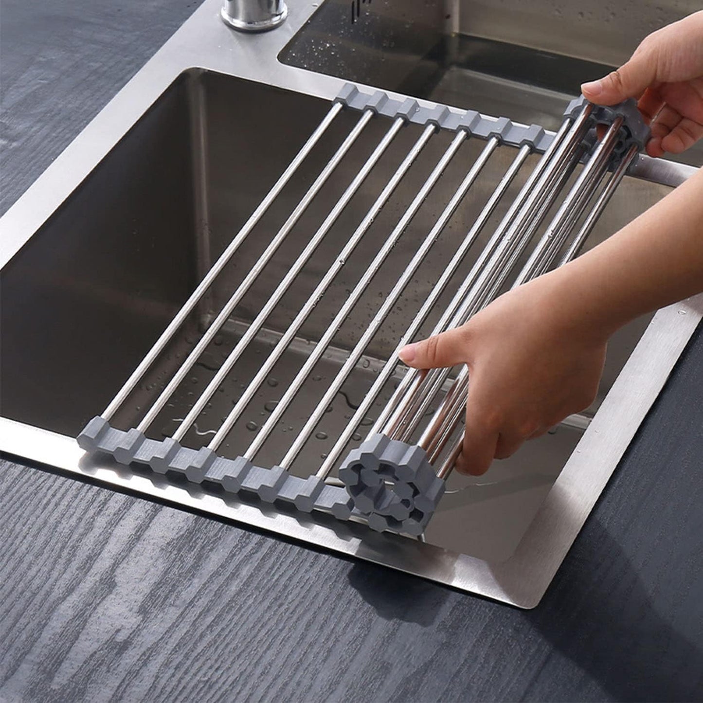 Roll-up Dish Draining Rack Grey - 43 x 35 cm - Sink Roll Mat - Draining Grid for Dishes & Vegetables V1189-HB003WSRH00034