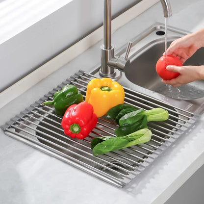 Roll-up Dish Draining Rack Grey - 43 x 35 cm - Sink Roll Mat - Draining Grid for Dishes & Vegetables V1189-HB003WSRH00034