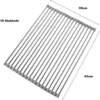 Roll-up Dish Draining Rack Grey - 43 x 35 cm - Sink Roll Mat - Draining Grid for Dishes & Vegetables V1189-HB003WSRH00034