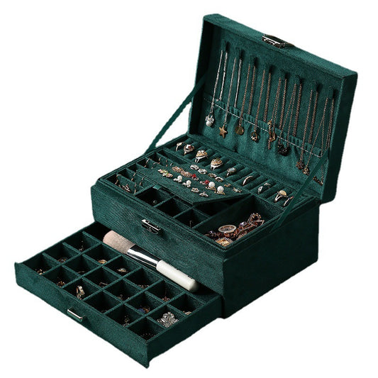 Velvet Jewelry Box with Lock - 3 Layers - Large Jewelry Organizer for Women - With Drawers & Compartments - V1189-HB003WSRH00035